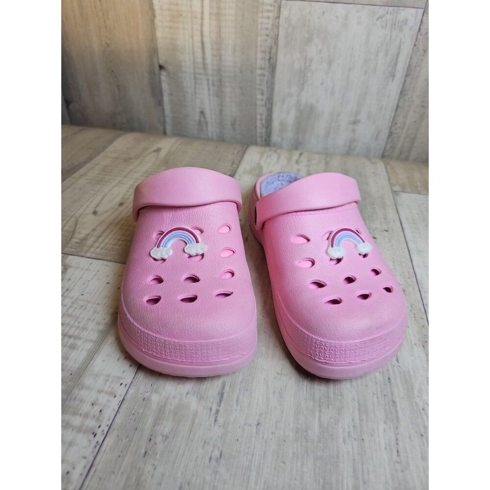 Capelli New York Kids Clogs Pink with Rainbow Charm Fuzzy Lined Size 12/13 Girls